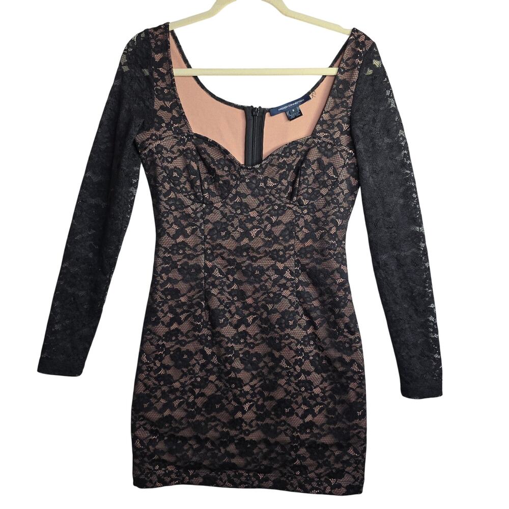 French Connection SzSm Sexy Black Nude SuperShort bodycon Lacey Thora Lula Dress
